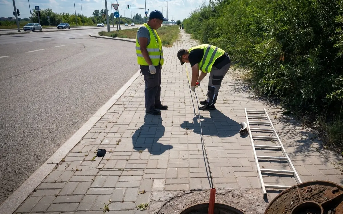 Қала көшесіндегі кабель құдығының жанындағы монтажшылар