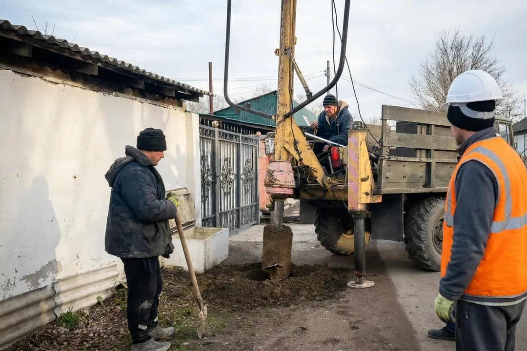 Жүк көлігі базасындағы ямобур Жетіген көшесінде байланыс тірегіне арналған шұңқыр бұрғылап жатыр
